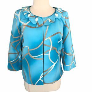 Satin Open Jacket Lined Embellished Geometric Motif Size Medium Blue Ivy Chick